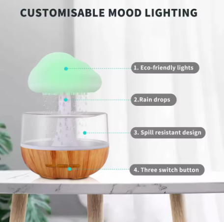 Humidificateur de pluie diffuseur d'huile essentielle pour la maison avec lumière LED 7 couleurs